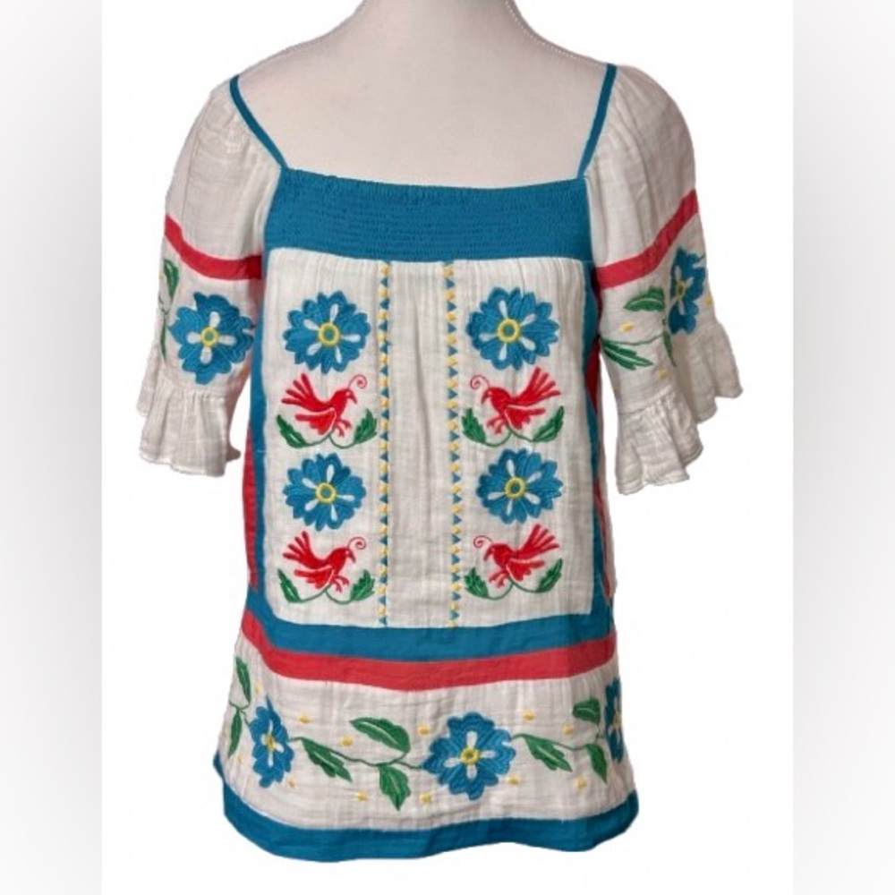 Bird Floral Embroidered Anthropologie Seen Kept Worn Top Shirt Peasant Small